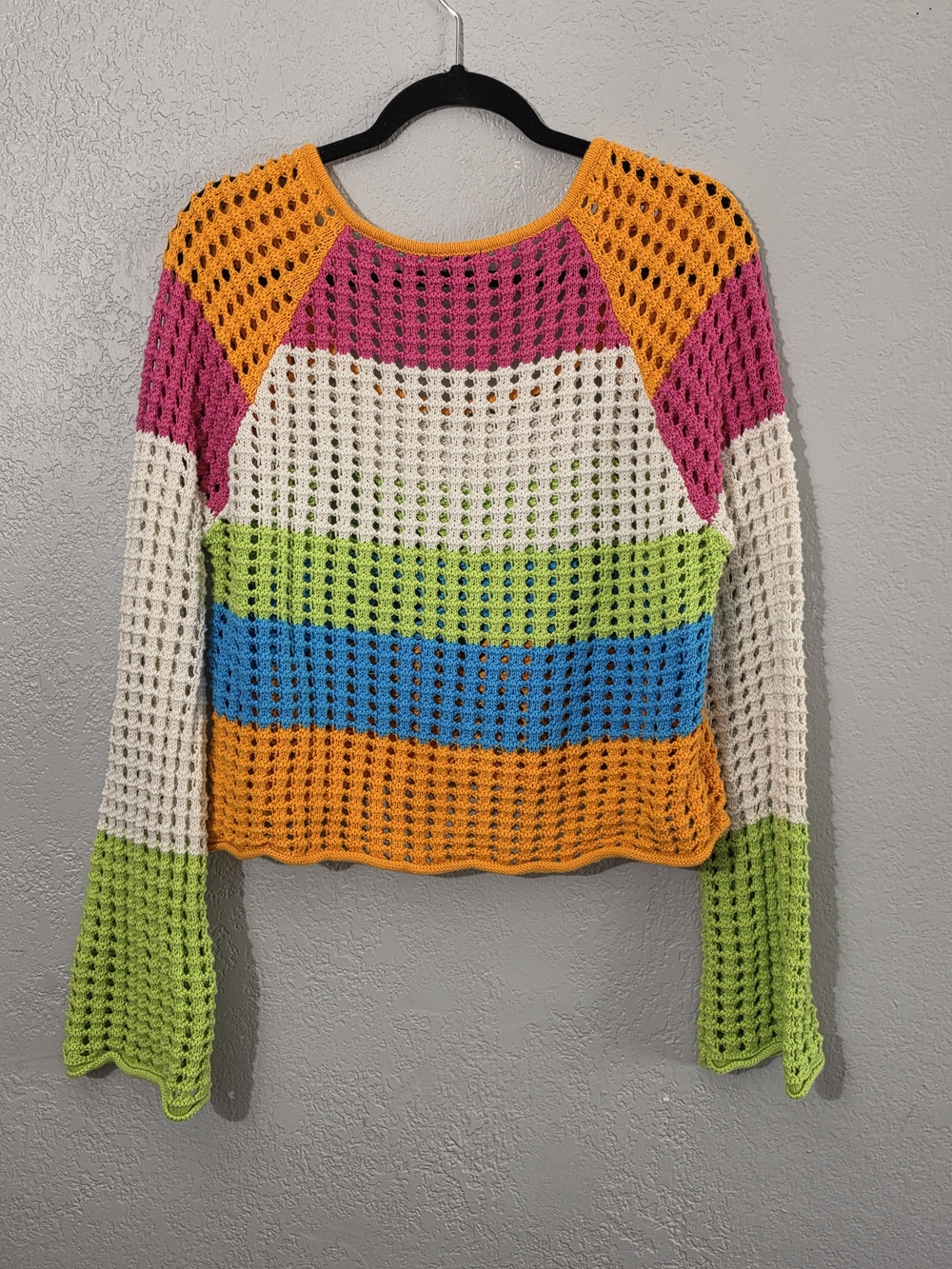 wild fable Multicolor Crochet Top Bell Sleeve Scoop Neck Womens Medium Oversized - Picture 6 of 6